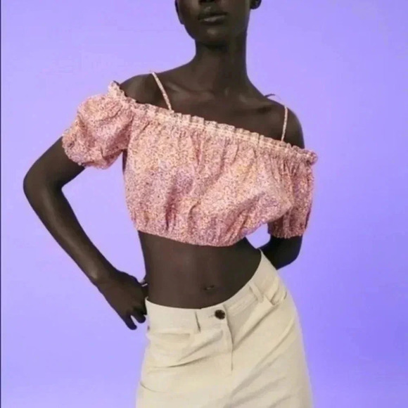 🍁 Zara lace trim floral printed top medium 0387/070 - Picture 1 of 6